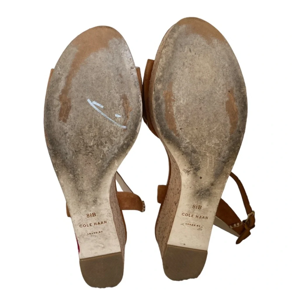 Cole Haan Brown Suede Platform Wedge Sandals Size 8.5 Cork Heel Neutral